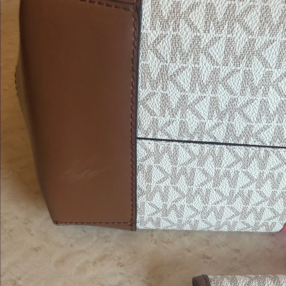 Michael Kors Cream Signature Tote with Pink & White Stripe